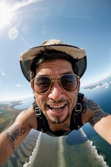 An adrenaline junky guy flying down the sky floating and skydiving in excitement having awesome fun with happy expression - obrazy, fototapety, plakaty