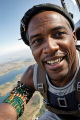Fototapeta premium An adrenaline junky guy flying down the sky floating and skydiving in excitement having awesome fun with happy expression
