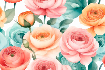 Watercolour floral seamless background with ranunculus flowers, leaf and branches.