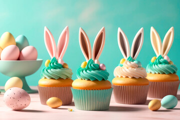 Easter concept. Cute Easter cupcakes with bunny ears and frosting.