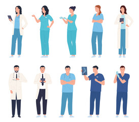 Obraz premium Team of doctors and nurses. Medical assistance by professional specialists. People in robes. Protection of life and health. Vector illustration