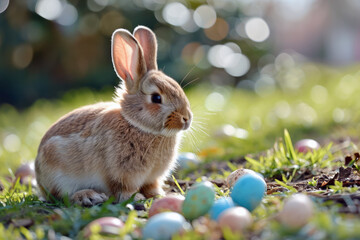Fototapeta premium Easter Delight, Joyful Celebration with Eggs and Bunny