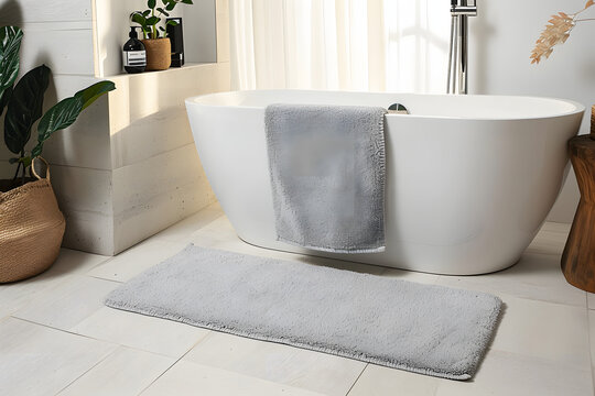 Soft light grey mat near tub in bathroom