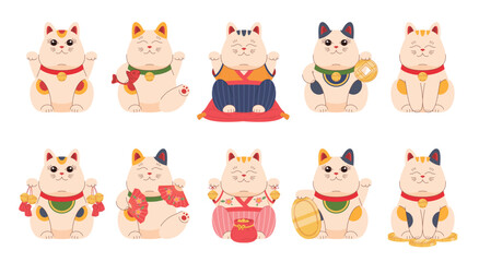 Japanese maneki-neko cats. Ceramic or porcelain figurine of a lucky cat. A symbol of luck, happiness, wealth. Vector illustration