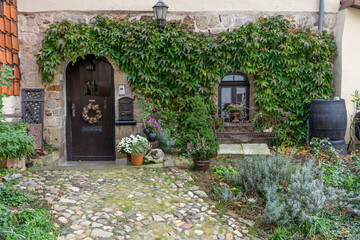 House entrance with front garden in Quedlinburg, Münzenberg with herbs and climbing plants