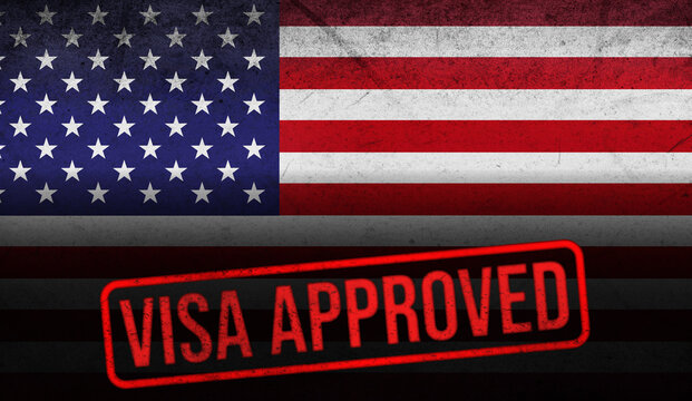 Visa Approved stamp on United States Flag with spot light and textured wall design, background