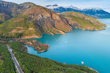 Mountain lake in autumn Aerial view. Serre-Poncon mountain lake in winter in Hautes Alpes, France