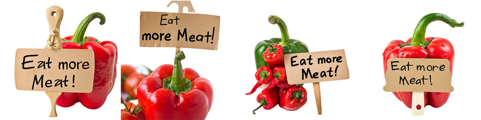 Capsicum Holding A Sign Eat More Meat Hyperrealistic Highly Detailed Isolated On Transparent Background Png File