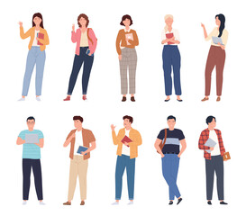 Students in fashionable clothes. Young people with books and backpacks go to study. The cheerful young generation acquires knowledge. Vector illustration