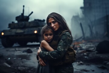 Young female soldier holding a child against the background of war - obrazy, fototapety, plakaty