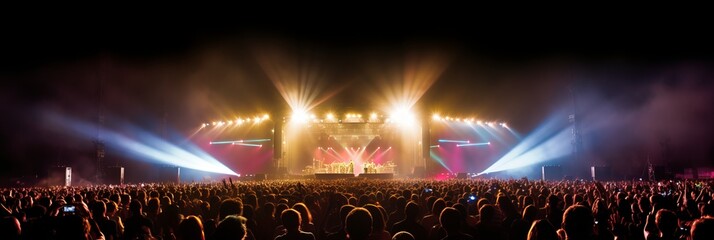 A big pop concert or festival, a stadium with lots of people watching a brightly colored stage,...