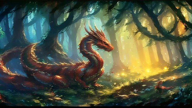 A mystical red dragon stands guard in a forest bathed in sunlight.
