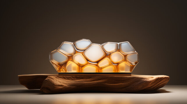 Honey comb decoration on wooden podium. Cosmetics and moisture beauty natural product present placement pedestal promotion display, jungle or summer concept.