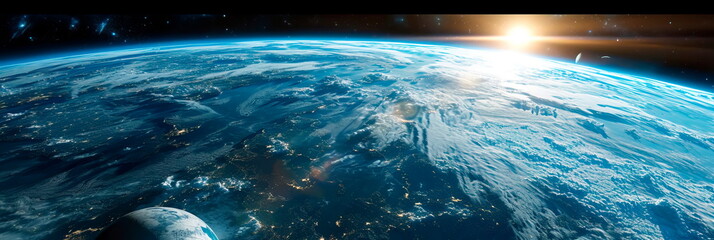 Earth from space during sunrise, capturing the warm glow of sunlight on the planet's surface.