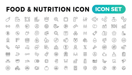 Nutrition, Healthy food and Detox Diet Vector Icons. Contains such Icons as Metabolism, Caunt Calories, Palm oil free, Zero thans fat, Probiotics and more. Simple Outline icons set - obrazy, fototapety, plakaty