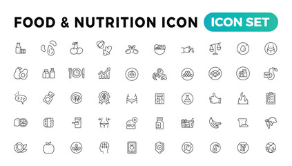 Nutrition, Healthy food and Detox Diet Vector Icons. Contains such Icons as Metabolism, Caunt Calories, Palm oil free, Zero thans fat, Probiotics and more. Simple Outline icons set