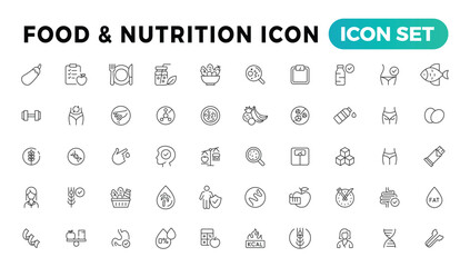 Nutrition, Healthy food and Detox Diet Vector Icons. Contains such Icons as Metabolism, Caunt Calories, Palm oil free, Zero thans fat, Probiotics and more. Simple Outline icons set