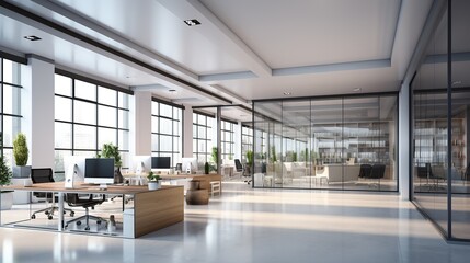 Contemporary office interior, bright with windows and city views. armchair, workplace and equipment.minimalist design