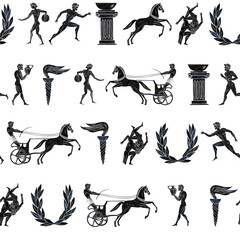 Seamless pattern with ancient Greek athletes. In the style of ancient Greek painting. Hand-painted watercolor. Black silhouettes of athletes. For textiles, prints, backgrounds. For packaging, labels.