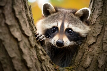 Showcase a close-up of a curious raccoon peering out from behind a tree