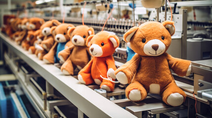 Production of new goods at the factory, modern technologies. Soft toy bear - obrazy, fototapety, plakaty