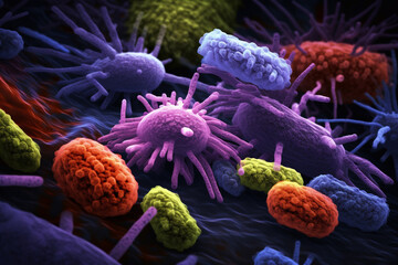 Escherichia coli under the microscope. - obrazy, fototapety, plakaty