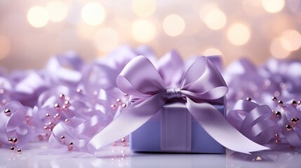  A luxurious purple gift with a satin ribbon against a bokeh background, perfect for holiday season promotions and luxury brand presentations.