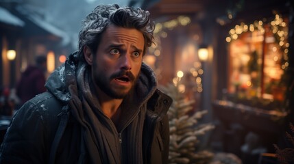 A man reacting to cold outdoors, suitable for winter clothing advertisements, seasonal promotions, or climate awareness campaigns.