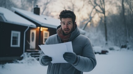 A shocked man stands outside in winter, reading a document with an alarmed expression, suggestive of high heating bills. Ideal for campaigns on energy savings.