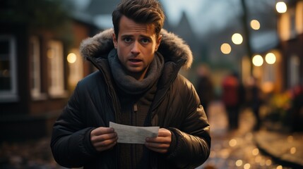Perturbed man in a winter coat examines a paper outdoors, likely facing unexpected high heating costs. Useful for energy conservation advertising.