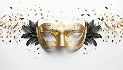 Gold carnival mask with feathers and confetti with copy space