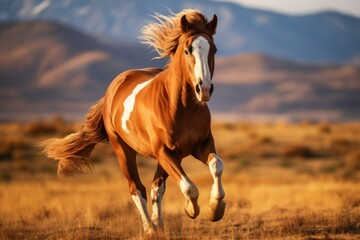 Highlight the movement of a galloping horse running freely across an open field