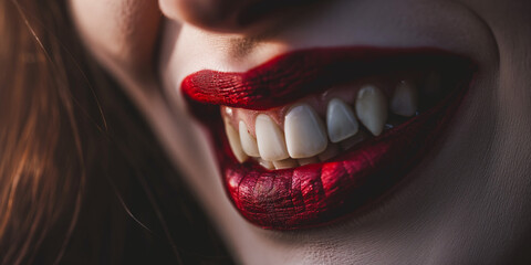 Frauen Mund mit roten Lippen und Vampirzähnen als Nahaufnahme im Querformat für Banner, ai generativ