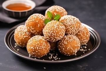 Delicious sesame balls on a plate on a light gray table, closeup