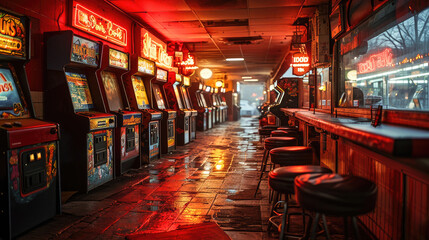 Vintage arcade room filled with retro game machines illuminated by vibrant neon lights at night.