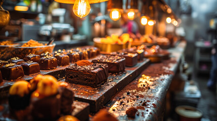 Artisanal chocolate desserts displayed in a cozy bakery shop, showcasing a tempting selection of gourmet sweets.