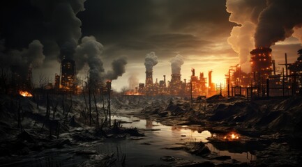 Obraz premium A huge factory is polluting the environment, generative AI