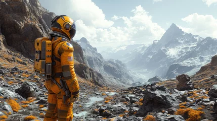 Foto op Aluminium An astronaut in a yellow suit exploring a rocky mountainous terrain on an alien planet. Perfect for themes of adventure and space exploration. © apratim