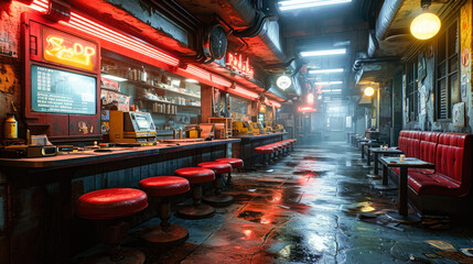 Retro diner interior with neon lights and empty red booths providing a nostalgic and cinematic city...
