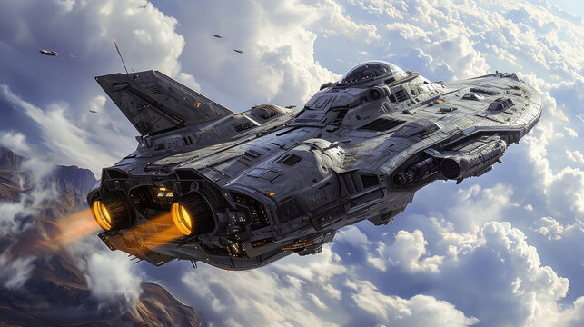A futuristic spaceship soars high above the clouds, capturing the essence of space travel and science fiction adventure.