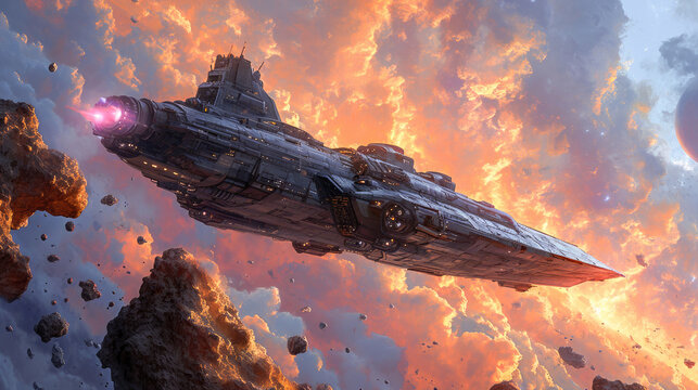 Futuristic spaceship flying among asteroids with a vibrant orange galaxy sky in the background. Perfect for a sci-fi setting.