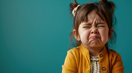 Portrait of sad offended crying little girl child on flat blue color background with copy space, banner template. A sad child makes a grimace. - obrazy, fototapety, plakaty