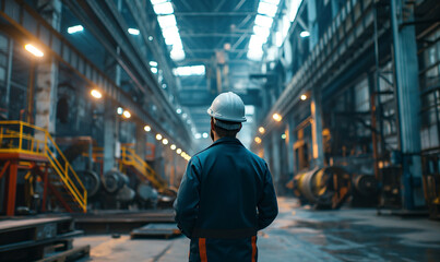 Fototapeta premium Industrial Engineers in Hard Hats.Work at the Heavy Industry Manufacturing Factory.industrial worker indoors in factory. man working in an industrial factory.Safety first concept