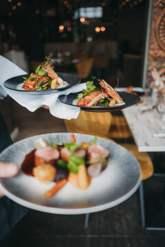 Waiter bringing three plates with different kinds of culinary sea food