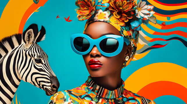 Portrait graphique avec collages d'un femme noire portant de grosses lunettes de soleil et un turban