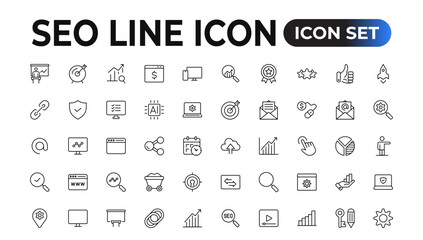 Seo icon set. Search Engine Optimization icon collection. Containing business and marketing, traffic, ranking, optimization, link and keyword. Solid icons vector collection.