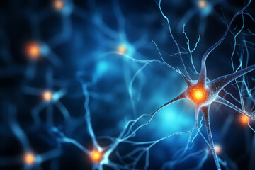 Imagen de neuronas conectadas recibiendo impulsos eléctricos. - obrazy, fototapety, plakaty