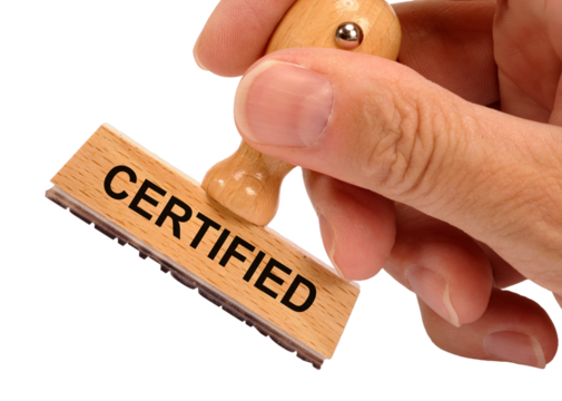 Rubber stamp in hand with the inscription certified - Powered by Adobe