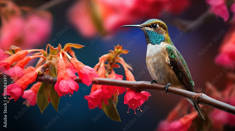 Canvas Prints a close-up of a tiny hummingbird perched delicately on a flower-covered branch, with vibrant blossom