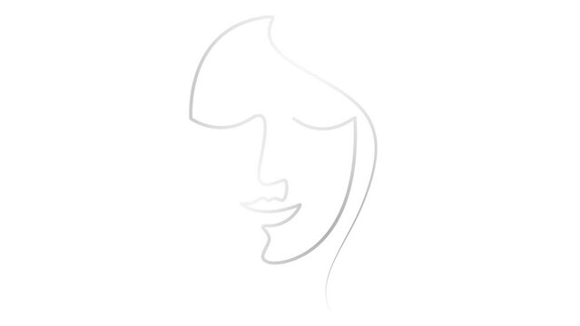 Animated silver linear face of a woman is gradually drawn. Head of beautiful girl from ribbon. Single line. Concept of beauty. Looped video. Vector illustration isolated on white background.